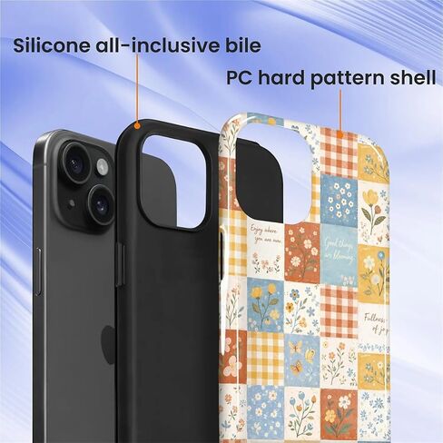 حافظة مصممة لهاتف آيفون 15، حافظة هجينة مكونة من طبقتين، حماية من الدرجة العسكرية، حافظة هاتف متينة مقاومة للصدمات ومضادة للخدش، رقعة زهور منقوشة in Kuwait