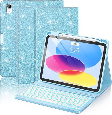 FUWANG for iPad A16 11th 10th Generation Case with Keyboard - Detachable Backlit Glitter Folio Keyboard with Pencil Holder for iPad A16 11th Gen 11-inch 2025 & 10th Generation 10.9 Inch 2022, Blue in Saudi Arabia