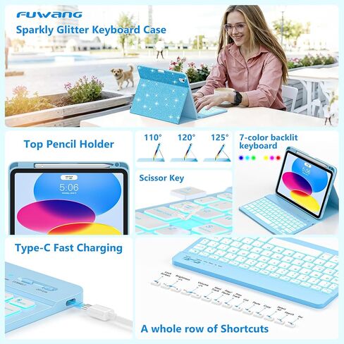 FUWANG for iPad A16 11th 10th Generation Case with Keyboard - Detachable Backlit Glitter Folio Keyboard with Pencil Holder for iPad A16 11th Gen 11-inch 2025 & 10th Generation 10.9 Inch 2022, Blue in Saudi Arabia