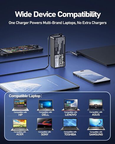 شاحن كمبيوتر محمول عالمي من النوع C بقدرة 100 واط مع 13 طرفًا متوافقًا مع Lenovo HP Dell Asus Acer Samsung ThinkPad Yoga Pavilion Envy Latitude Aspire Vivobook Chromebook Notebook محول الطاقة in Kuwait