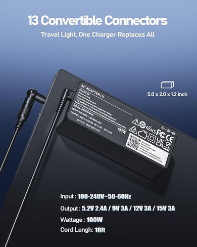 شاحن كمبيوتر محمول عالمي من النوع C بقدرة 100 واط مع 13 طرفًا متوافقًا مع Lenovo HP Dell Asus Acer Samsung ThinkPad Yoga Pavilion Envy Latitude Aspire Vivobook Chromebook Notebook محول الطاقة in Kuwait
