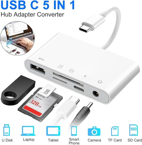 قارئ بطاقات 5 في 1 USB-C TF/SD، محول قارئ بطاقات الذاكرة لقرص فلاش USB/الماوس/لوحة المفاتيح/الكاميرا in Kuwait