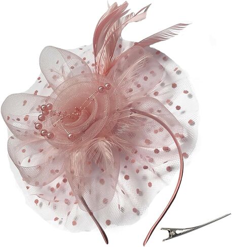 Durzasvo Women's 2PC Fascinator Hat and Lace Glove Set Wedding Tea Party Kentucky Derby Mesh Flower Feather Fascinators with Headband and Clip Beige & Gold in Kuwait