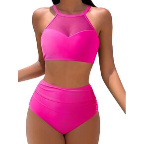 MOOSLOVER Women Mesh High Neck Bikini Sets High Waisted Two Piece Swimsuit Bathing Suits