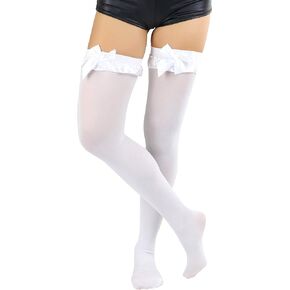 ToBeInStyle Women’s Sexy Lace Ruffle Top w/Opaque Bow Fishnet Thigh Highs