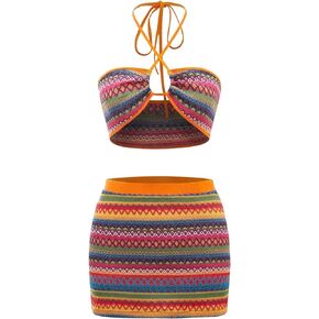 SHENHE Women's Plus Size 2 Piece Outfits Chevron Colorblock Halter Top and Bodycon Skirt Set