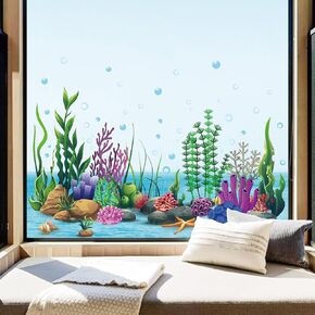 4 Sheet Summer Ocean Window Clings Cartoon Submarine Coral Themed Window Decals Double-Sided Sea Life Window Decor for School Home Office Bathroom Decor