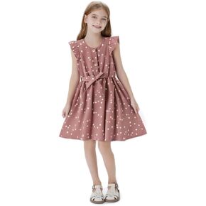 PATPAT Dress for Girls Button Down Floral Print Bowknot Ruffle Short Sleeve Casual Swing Dresses
