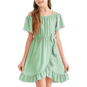 Girls Spring Summer Dress Adjustable Strap Cold Shoulder Short Sleeve Party Beach A-Line Midi Dress Size 6-14