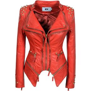 Women's classic Lapel dovetail rivet leather jacket casual personality fashion sexy punk Motorcycle Jacket (2XL, Red) in Kuwait