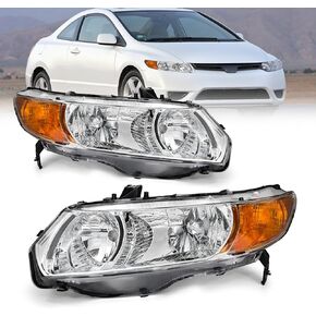 Compatible with 2006 2007 2008 2009 2010 2011 Civic Headlight Assembly for 06-11 Honda Civic 2-Door Coupe Clear Lens Black Housing with Amber Reflector Headlamp Replacement Pair