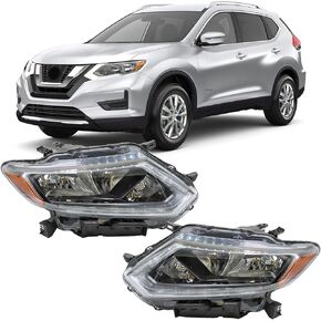 Sunhua Headlight Assembly With LED DRL Fit for 2014-2016 Nissan Rogue, Driver and Passenger Side Pair of Headlight Assembly Halogen
