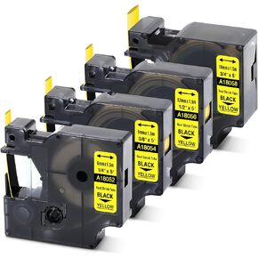 MarkDomain Rhino 18052 18054 18056 18058 1/4" 3/8" 1/2" 3/4" Label Tape, Replacement for DYMO Rhino Heat Shrink Tube Labels for DYMO 4200 5200 5000 6000 Label Makers, Black on Yellow, 4.9 Feet, 4-Pack