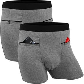 Men's Boxer Briefs Secret Hidden Pocket, Travel Underwear with Secret Front Stash Pocket Panties (Gray) - 2 Packs