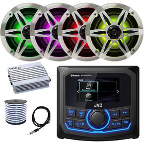 JVC 2.7" LCD Display Marine Bluetooth AM/FM/WB Receiver, 4X 6.5 120 Watt Max Power White Boat Audio Speakers w/Multicolor LED, 400 Watt 4 Channel Amplifier, Antenna, Speaker Wire