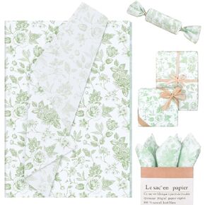 Whaline 100 Sheets Elegant Floral Tissue Paper Green Flower Gift Wrapping Paper Decorative DIY Art Craft Tissue Paper for Spring Wedding Birthday Baby Shower Supplies, 13.7 x 19.6 Inch