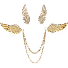 2PCS Angel Wings Tassel Chain Brooch Collar Pins,Rhinestone Metal Feather Lapel Pin, Suit Coat Breastpin for Women Men's Accessories