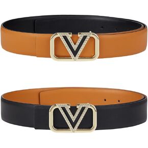 Women Reversible Leather Belt with Fashion V Gold Buckle for Dresses, Jeans, and Coats,width 1.3"