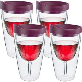 Southern Homewares Wine 2Go! Insulated Vino Double Wall Acrylic Wine Tumbler with Merlot Drink Through Lid, 16-Ounce, Pack of 4