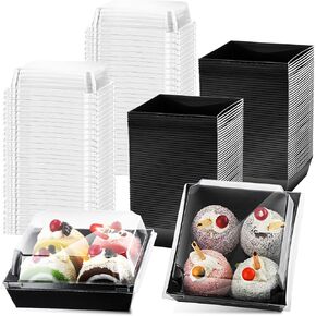 100 Pack Charcuterie Boxes with Clear Lids 5 Inch Cookie Boxes Disposable Cake Boxes Paper Dessert Boxes Square Cookie Containers for Sandwich, Slice Cake, Hot Cocoa Bombs, Strawberries (Black)