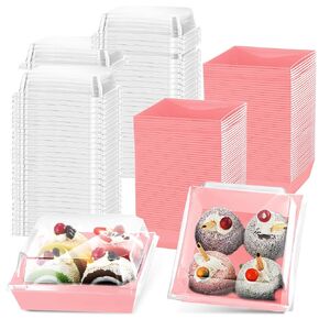 100 Pack Charcuterie Boxes with Clear Lids 5 Inch Cookie Boxes Disposable Cake Boxes Paper Dessert Boxes Square Cookie Containers for Sandwich, Slice Cake, Hot Cocoa Bombs, Strawberries (Black)