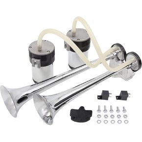 Dual Trumpet Train Air Horn Loud Air Horn with Two Compressor Full Complete System Kit 12V 118db Chrome