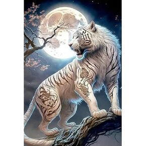 NAIMOER White Tiger Diamond Art Kits for Adults, Full Drill Tiger with Moon Diamond Art Kits, DIY 5D Diamond Dots Paint with Diamonds Animals Diamond Art Kits for Home Decor 30x40cm