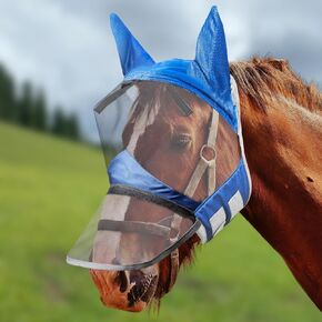 Horse Fly Mask,Horse Fly Mask with Nose,Masks for Horses with Ears,Ear Bonnet for Horses,Donkey Mask Fabric with Purple Line Protection Soft Mesh for Horse Summer (Blue, S)