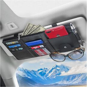 Car Sun Visor Organizer, Leather Storage Pocket Sun Visor Pouch with Zipper for Cards License Registration Pen Glasses Document, Fits Most Car SUV, Auto Interior Accessories for Men Women (Beige)