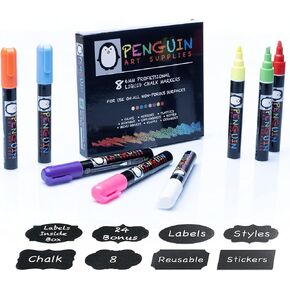 Liquid Chalk Markers Set of 8 Metallic Colors - 3mm Fine Tip Chalkboard Markers with 24 Chalk Stickers - Erasable Pen with Reversible Tip for Mason Jars, Windows, Glass, Labels, Whiteboards