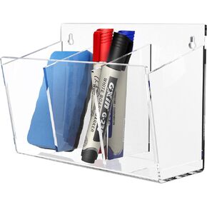 Wall Mount Marker Holder, Acrylic Dry Erase Marker Wall Holder, 2 Compartments Pencil Pen Dispenser Makeup Markers Holder Whiteboard Clear Organizer for Classroom Wall