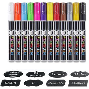 Liquid Chalk Markers Set of 12 Metallic Colors - 3mm Fine Tip Chalk Markers with Bonus 30 Chalk Stickers - Premium Erasable Pen with Reversible Tip for Windows, Glass, Labels, Whiteboards