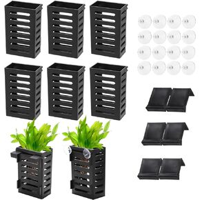 Lawei 8 Pack Hanging Aquarium Plant Holder, Plastic Aquatic Plant Pot with 48 Hooks and 16 Suction Cups, Aquatic Planter Cups for Aquarium Decorations Accessories Fish Tank Live Aquarium Plants