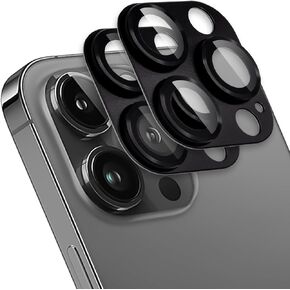 عبوتان متوافقتان مع واقي عدسة الكاميرا iPhone 14 Pro/Pro Max - حماية متقدمة من السقوط، زجاج مقسى 9H، ألومنيوم، صديق للحافظة. سهلة التركيب، تغطية كاملة للكاميرا (أسود)