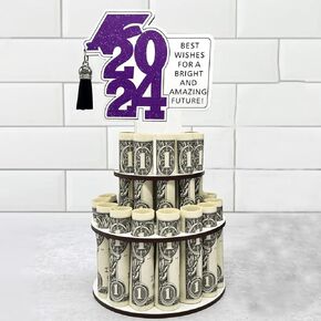 Graduation Money Holder for Decorations Class of 2024 Double-Layer Graduation Money Cake with 25 Holes for Cash Congrats Grad Graduation Party Supplies (Black)