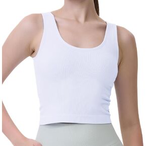 Women Tank Top Built in Bra Scoop Neck Workout Tops Ribbed Sports Bra Padded Seamless Crop Tops