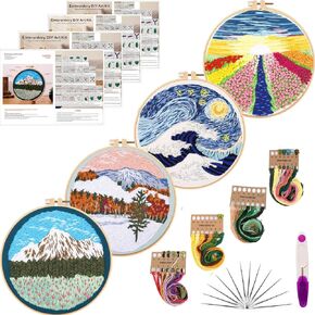 Tcbasrt 4Pack Embroidery Starters Kit with Pattern for Beginners Adults, Cross Stitch Kits Include 2 Embroidery Hoops,4 Embroidery Clothes with Plants Flowers Pattern,Color Threads