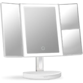 Fancii LED Lighted Vanity Makeup Mirror, Rechargeable Trifold Mirror with 5X & 10x Magnifications - 68 Dimmable Natural Lights, Touch Screen, Best Adjustable Make Up Mirror with Cosmetic Stand