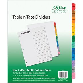 فواصل طاولات وعلامات تبويب من Office Essentials، مجموعة مكونة من 12 علامة تبويب، ورق أبيض، علامات تبويب متعددة الألوان، مجموعة مقسمة واحدة (11679)