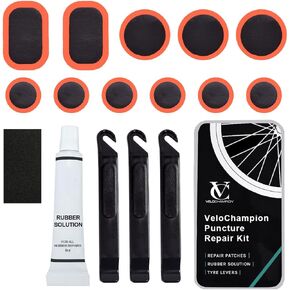 VeloChampion Bike Inner Tube Patch Kit - 11 PCS Vulcanizing Patches with 3 Tire Levers, Portable Storage Box and Sandpaper. Flat Tire Repair Kit for Road Cycling Mountain MTB BMX