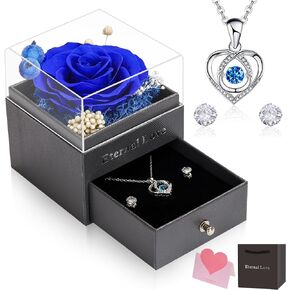 CSYY Mothers Day Rose Gifts for Mom, Preserved Flowers Rose Gift for Women Mama Grandma Wife Girlfriend with Heart Necklace Earring Presents on Birthday Valentines Christmas Anniversary Romantic Blue