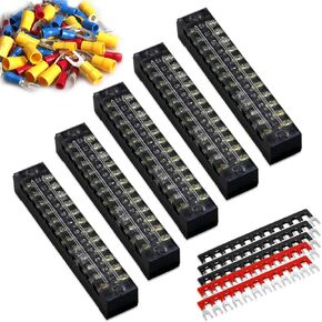 MILAPEAK Terminal Block and Strip - 5pcs 12 Position 600V 15A Dual Row Screw Terminals Strip with Cover+5pcs Pre-Insulated Barrier Jumper Strips Black & Red+ Spade Fork Wire Connectors