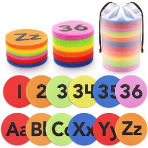 Carpet Markers 62 PCS - 36 PCS Multicolor Numbers (1-36) Spot Markers + 26 PCS Letters (A-Z) Carpet Dots for Classroom, Carpet Marker Spots Circles Dots for Kids, Teachers, Preschool and Kindergarten