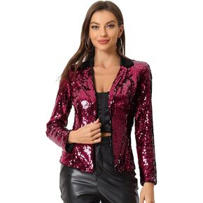 Allegra K Sequin Jacket for Women's Contrast Collar Metallic Shiny Jacket