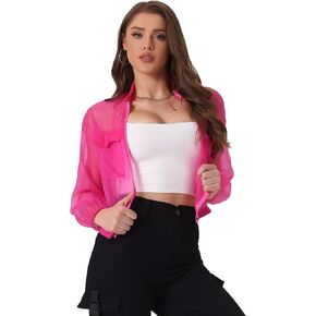 Allegra K Sheer Bomber Jacket for Women's Zip Up Long Sleeve See Through Jackets
