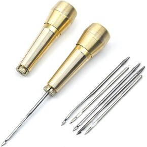 abolius 2 Pcs Leather Sewing Awl Needle with Copper Handle, Sewing Awl Hand Stitcher Shoe Repair Tool Kit, Leather Craft Needle Kit Shoe Repair Tool with 6 Needles