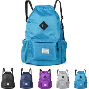 ALUSBELL Large Drawstring Backpack Bag, Sports Gym Bag String Sackpack with Shoes Compartment, Waterproof String Bag Cinch for Women Men(Black)