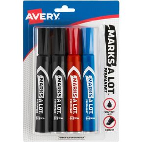 AVERY Marks-A-Lot Permanent Markers, Regular Desk-Style Size, Chisel Tip, Water and Wear Resistant, 4 Assorted Markers (07905)