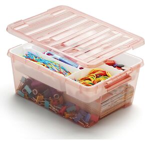 Plastic Craft Storage Organizer Box With Removable Tray, Clear Art Supplies Container Storage Bin with Lid Snap-Tight Latch For Lego Beads Tools Toys Sewing Photo Organizing (Pink)