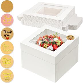 15 قطعة من صناديق الكيك، صندوق كيك طويل 10 × 10 × 8 بوصات مع نافذة، صناديق خبز بيضاء مع ملصقات، صندوق كعكة كبير للاستعمال مرة واحدة لحفلات أعياد الميلاد، الزفاف، عيد الحب in Kuwait